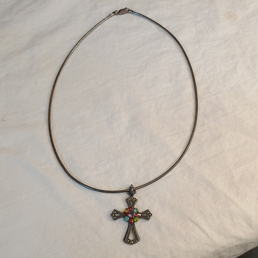 Vintage Sterling Silver Cross Choker Colorful Gemstone Necklace Beautiful